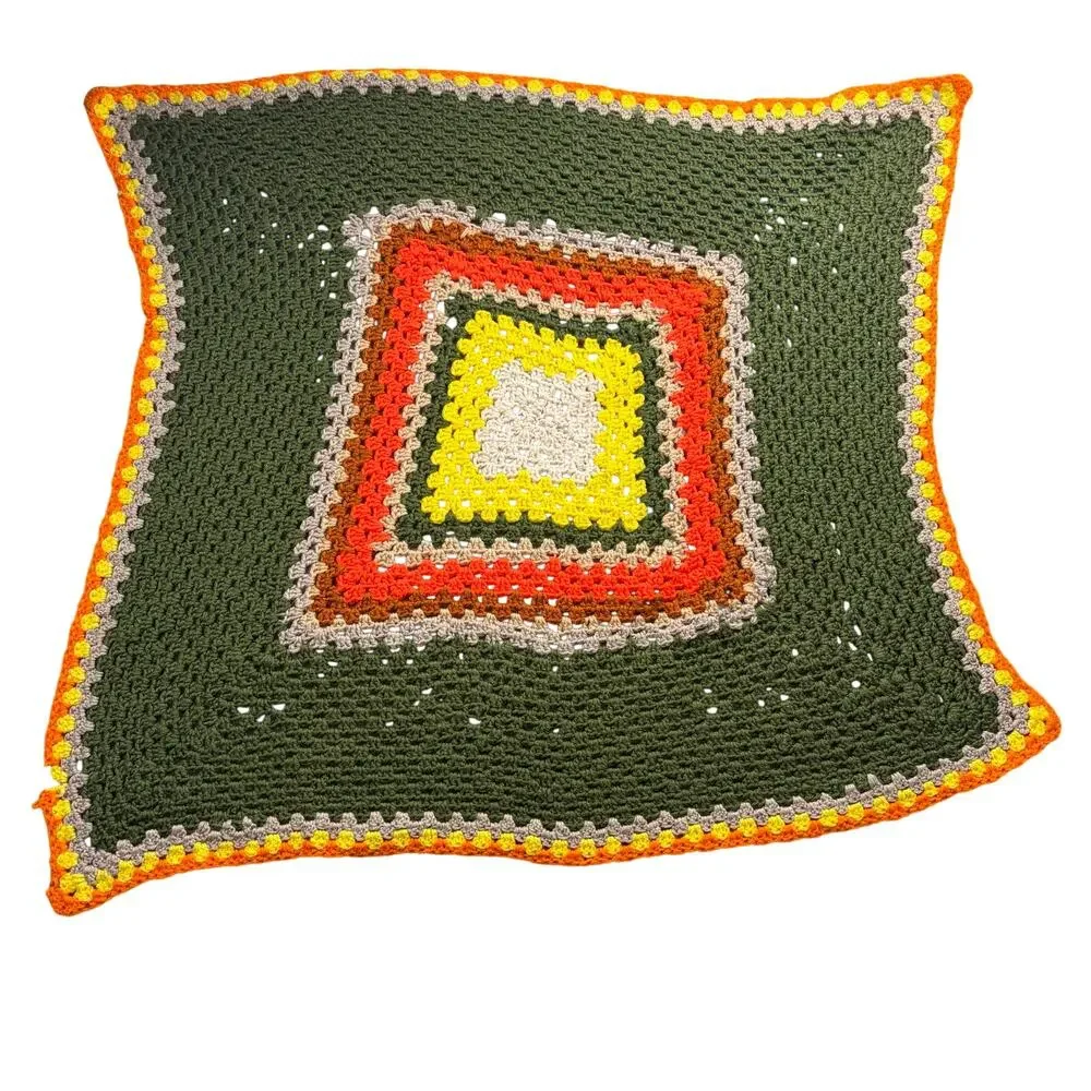 Vintage MidCentury Crochet Small Throw Blanket Granny Square Olive Green Orange